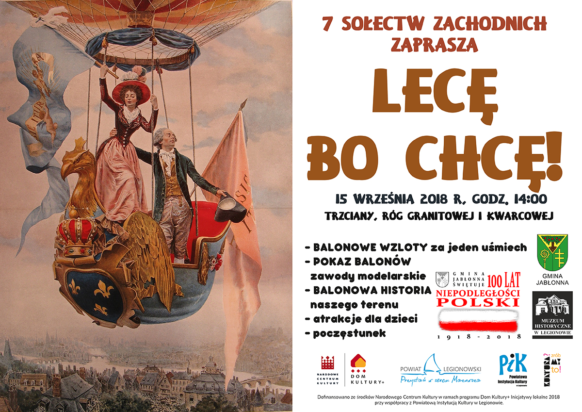 plakat imprezy Lecę, bo chcę (kolorowa ilustracja z XVIII w., ukazująca kobietę i mężczyznę - Stanisław Poniatowski? - lecących balonem w bogato zdobionym koszu)