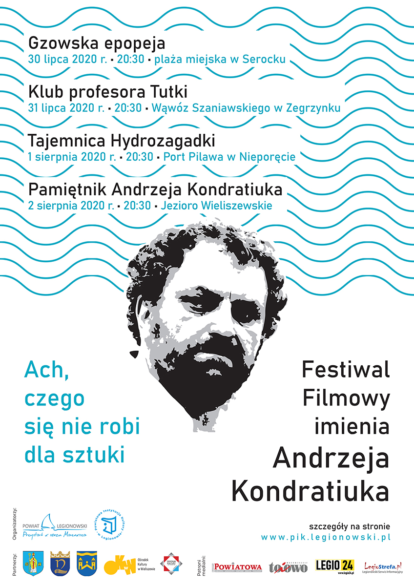 plakat Festiwalu im. Kondratiuka (niebieskie fale na białym tle, w środku głowa Andrzeja Kondratiuka [foto])
