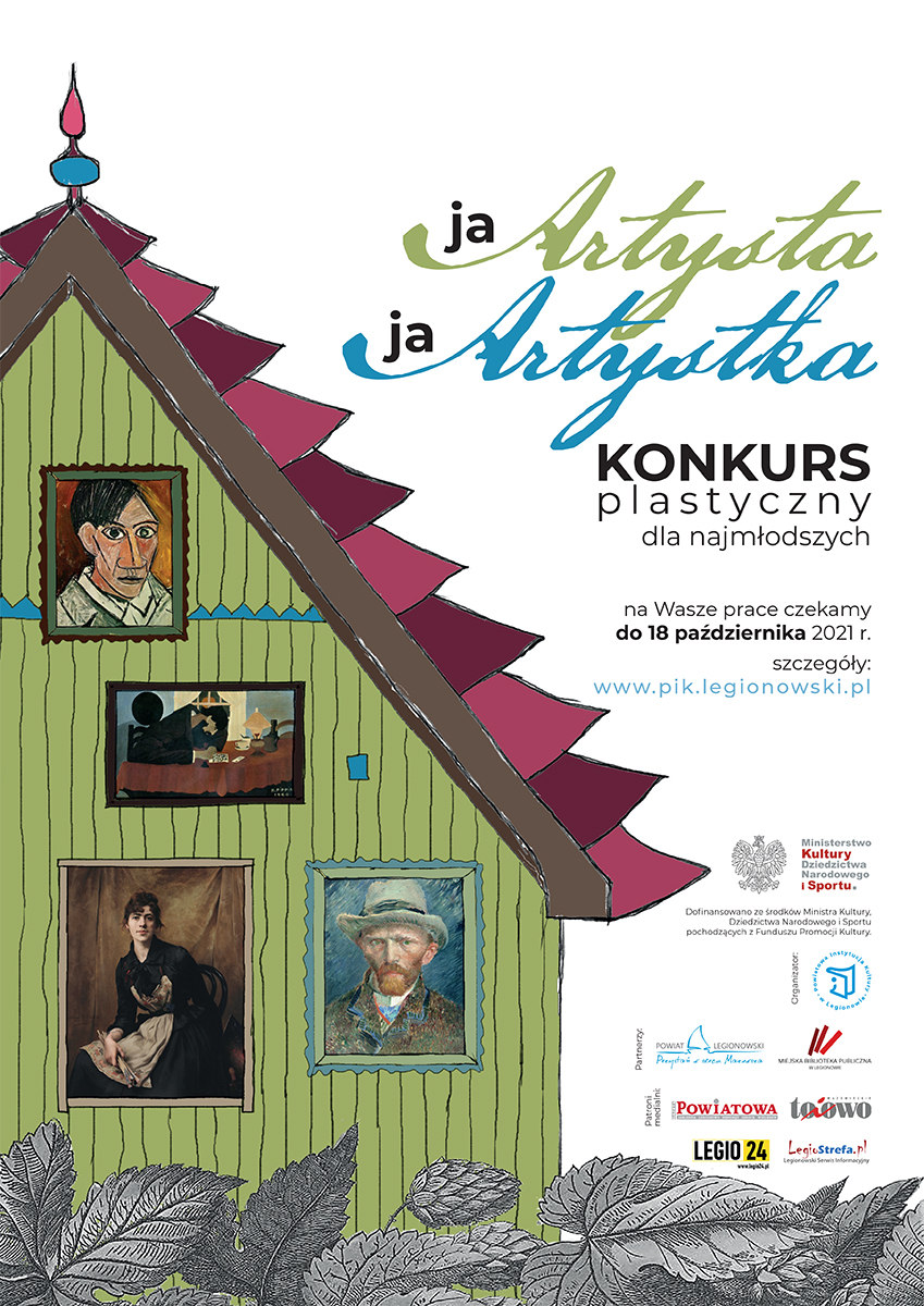  Plakat konkursu: zielona chatka z różowym dachem; na elewacji obrazy ‒ portrety znanych artystów.