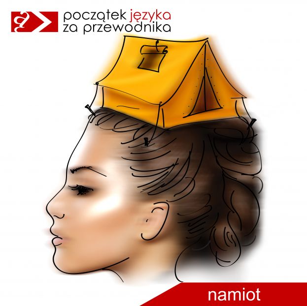 wyrażenie NAMIOT: profil kobiety z namiotem rozbitym na głowie