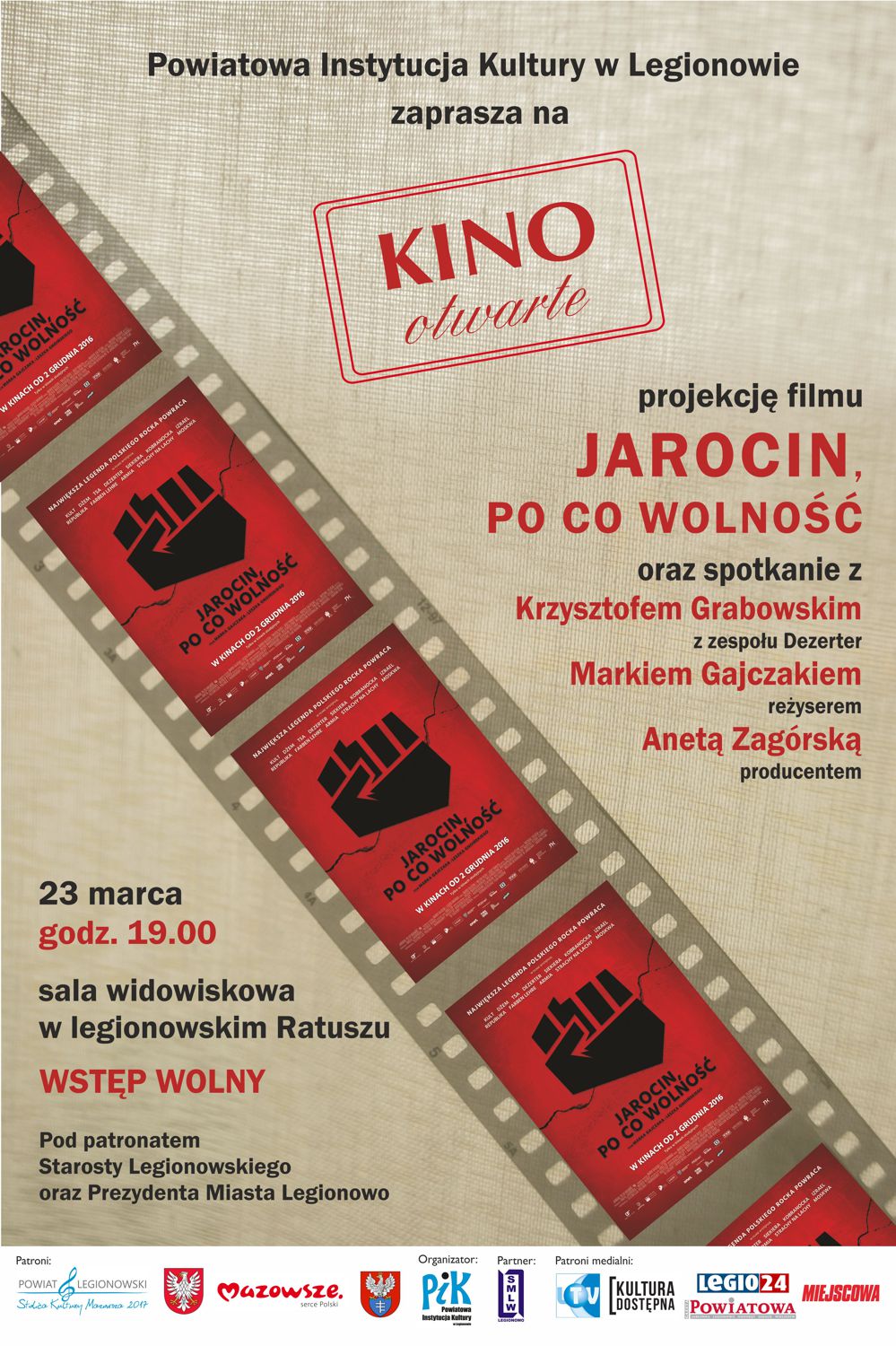 Plakat przedstawiający taśmę filmową, w której kadrami są plakaty z filmu Jarocin, po co wolność (czarna kanciasta pięść w kształcie Polski na czerwonym tle).