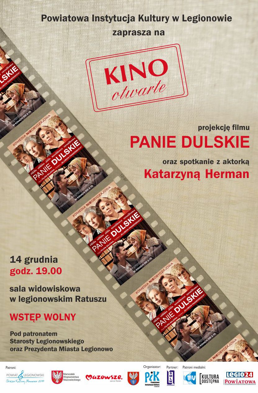 Plakat przedstawiający taśmę filmową, w której kadrami są plakaty z filmu Panie Dulskie (na górze cztery kobiety, na dole zwrócona do siebie para młodych, uśmiechniętych ludzi).