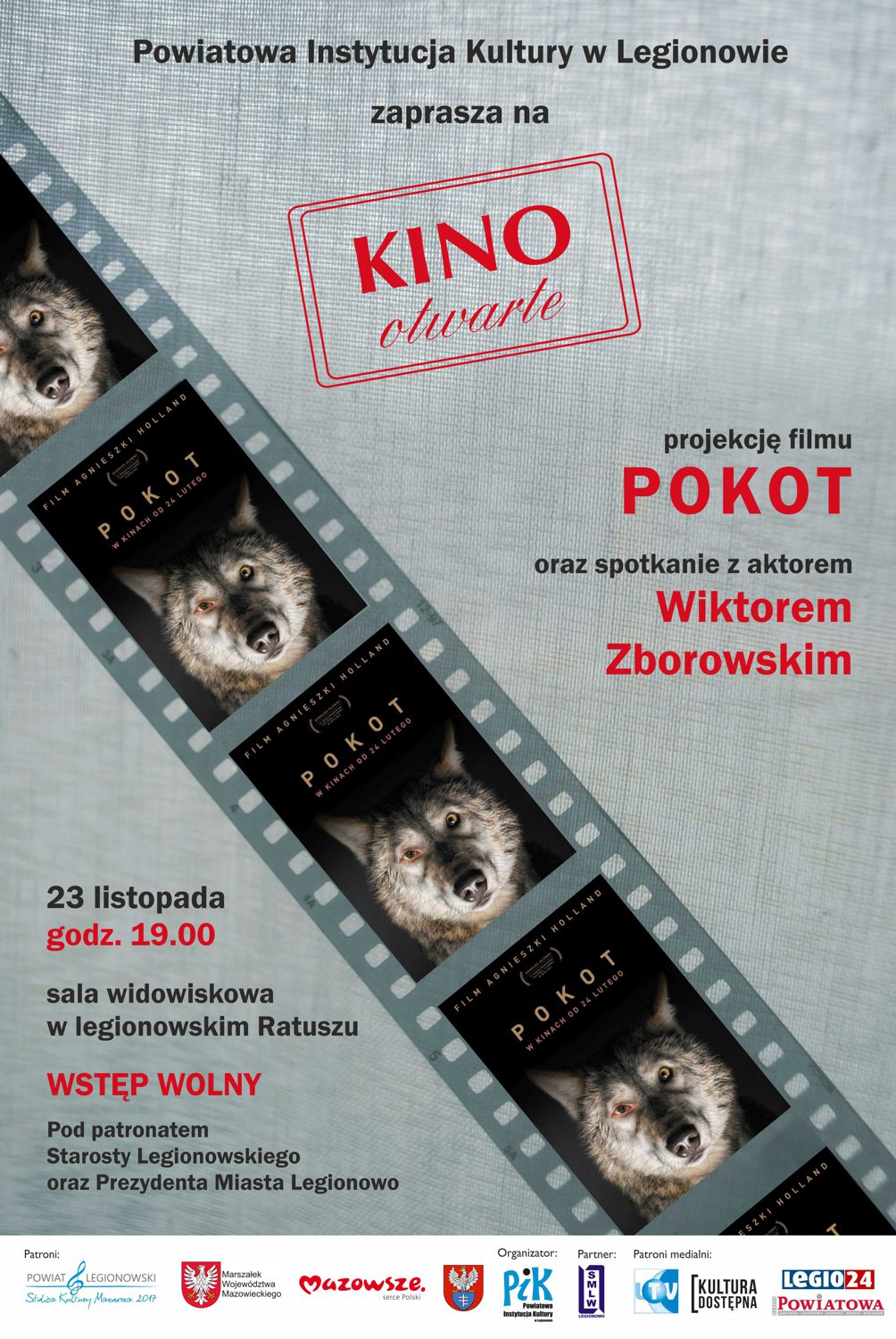 Plakat przedstawiający taśmę filmową, w której kadrami są plakaty z filmu Pokot (na czarnym tle głowa wilka z jednym okiem wilczym, a jednym ludzkim).