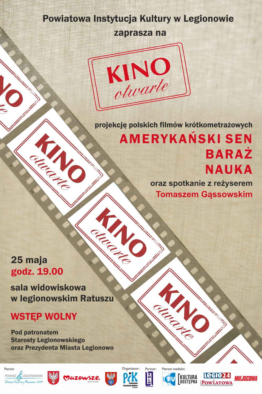 Plakat przedstawiający taśmę filmową, w której kadrami są logotypy KINA OTWARTEGO.