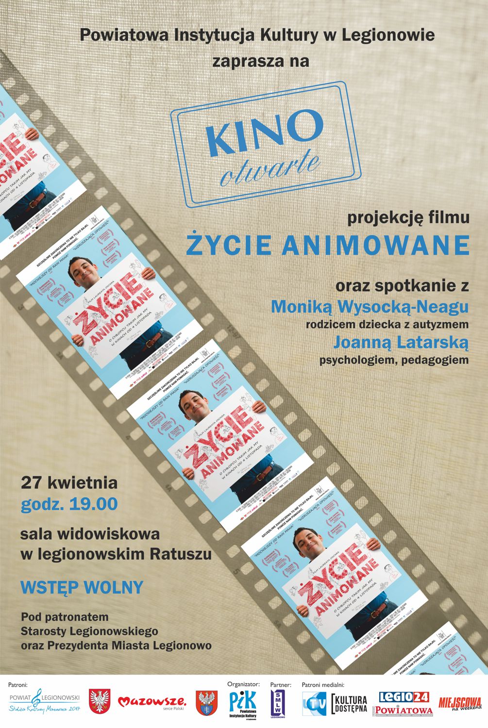 Plakat przedstawiający taśmę filmową, w której kadrami są plakaty z filmu Życie animowane (główny bohater dokumentu trzymający przed sobą kartkę z tytułem filmu).