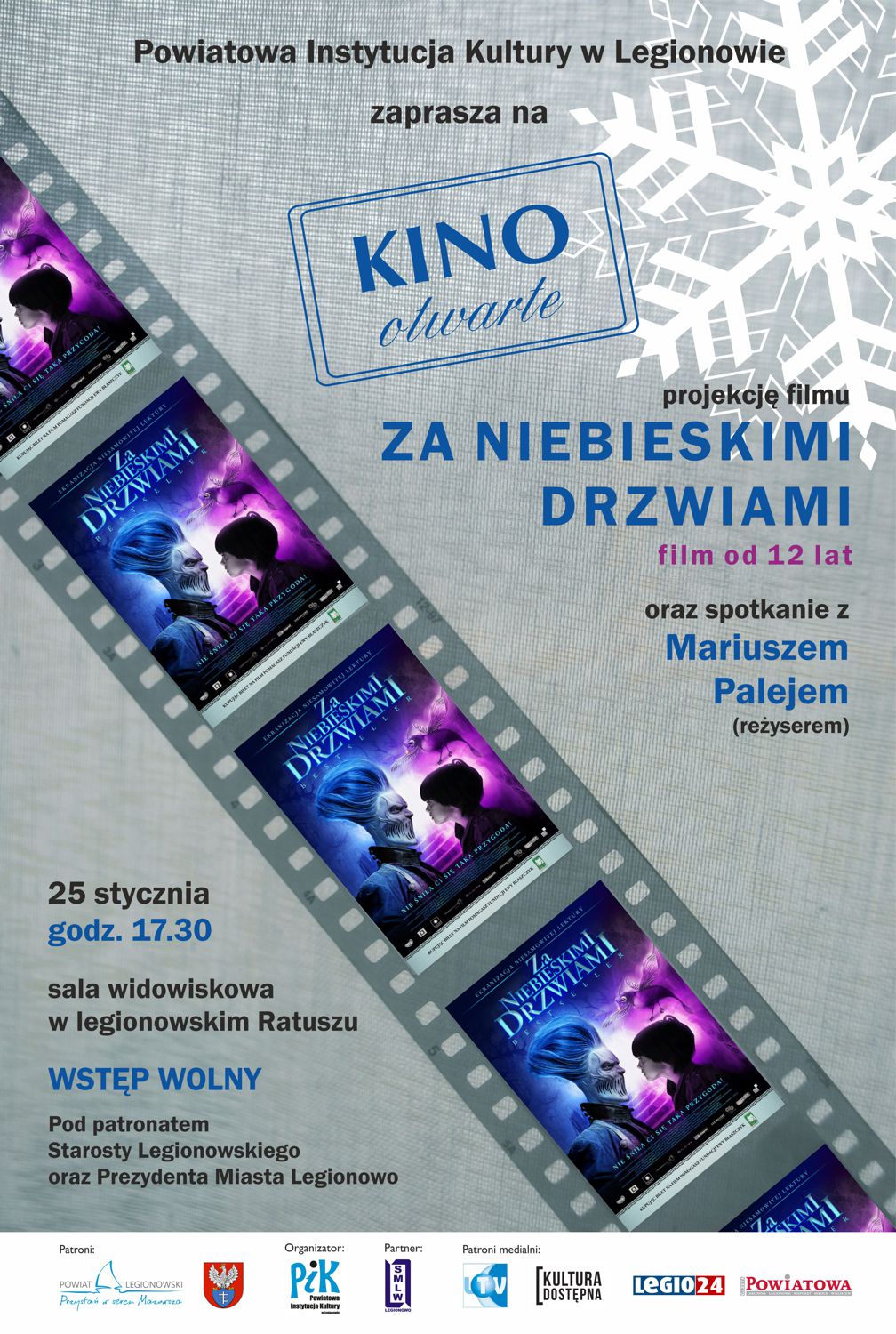 Plakat przedstawiający taśmę filmową, w której kadrami są plakaty z filmu Za niebieskimi drzwiami (potwór i główny bohater – chłopiec – patrzący na siebie; nad głową chłopca lata stworek).
