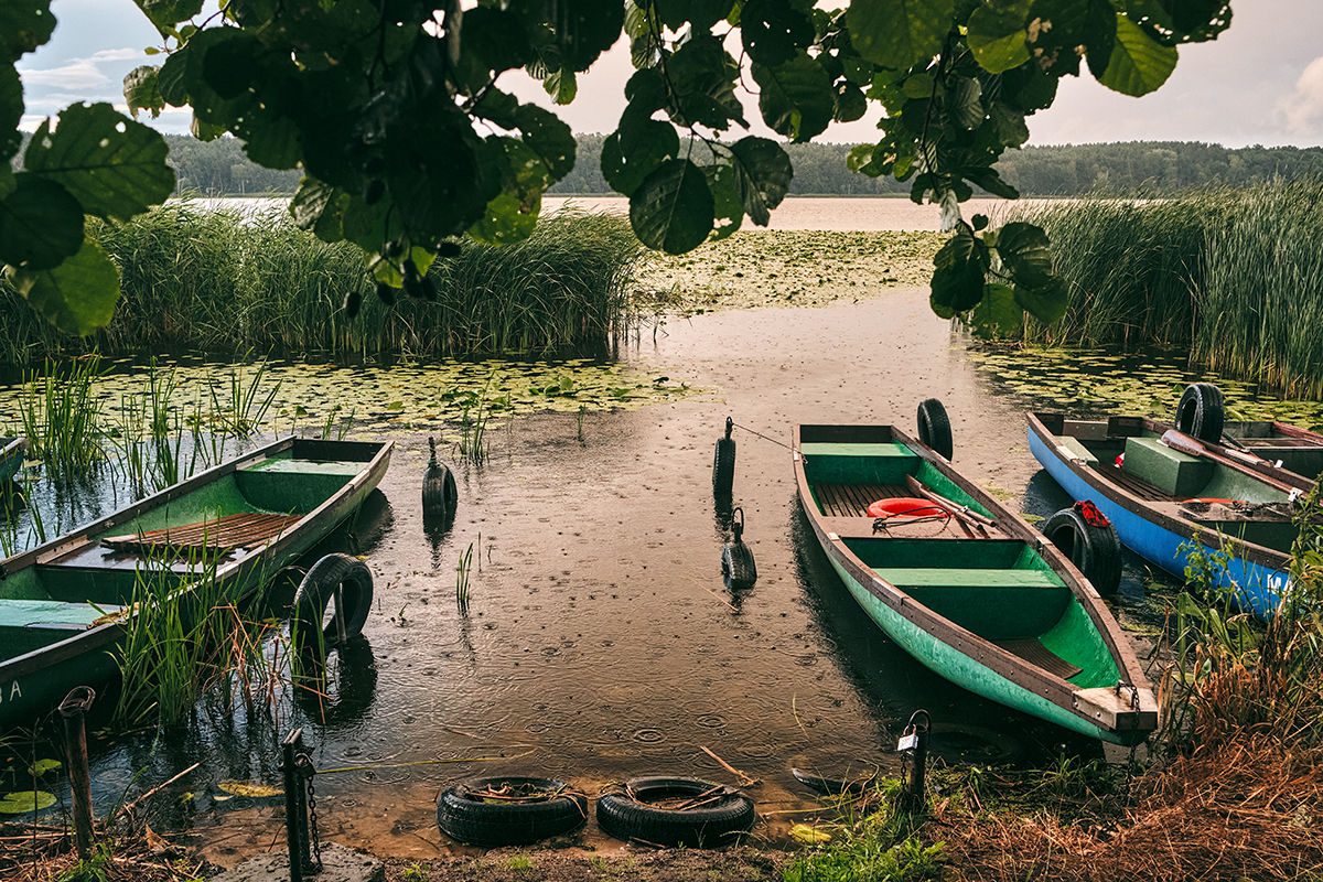 Przycumowane do brzegu kolorowe łodzie. Zielone trzciny, widoczny na wodzie ulewny deszcz.