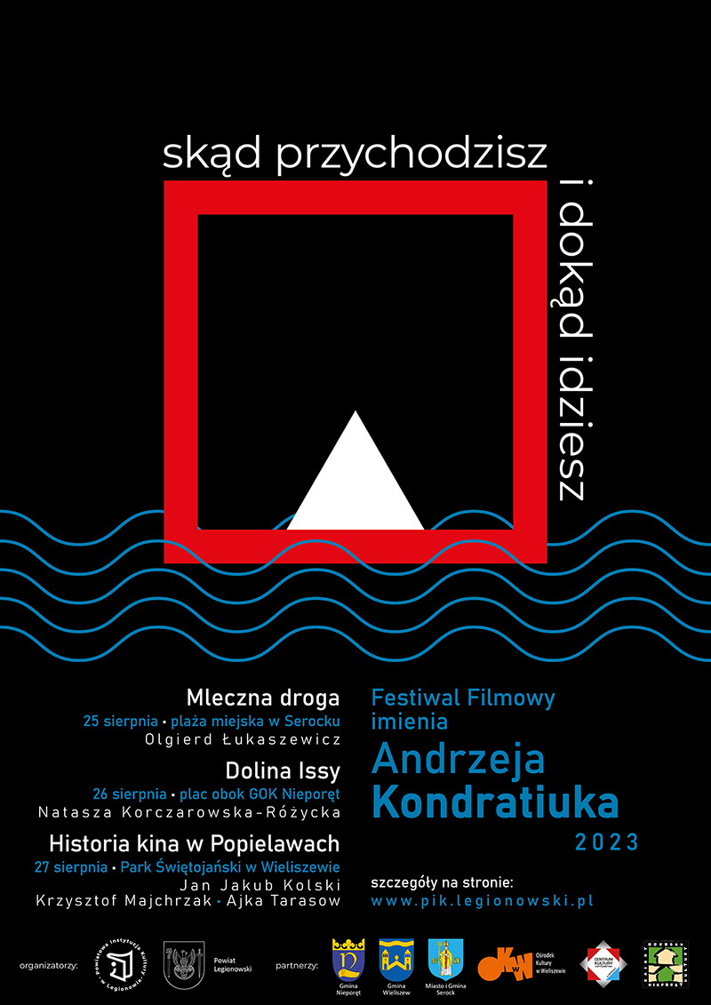 plakat 4. edycji Festiwalu Filmowego im. A. Kondratiuka, w którego centrum, na czarnym tle, znajduje się znak żeglugowy Ograniczona głębokość